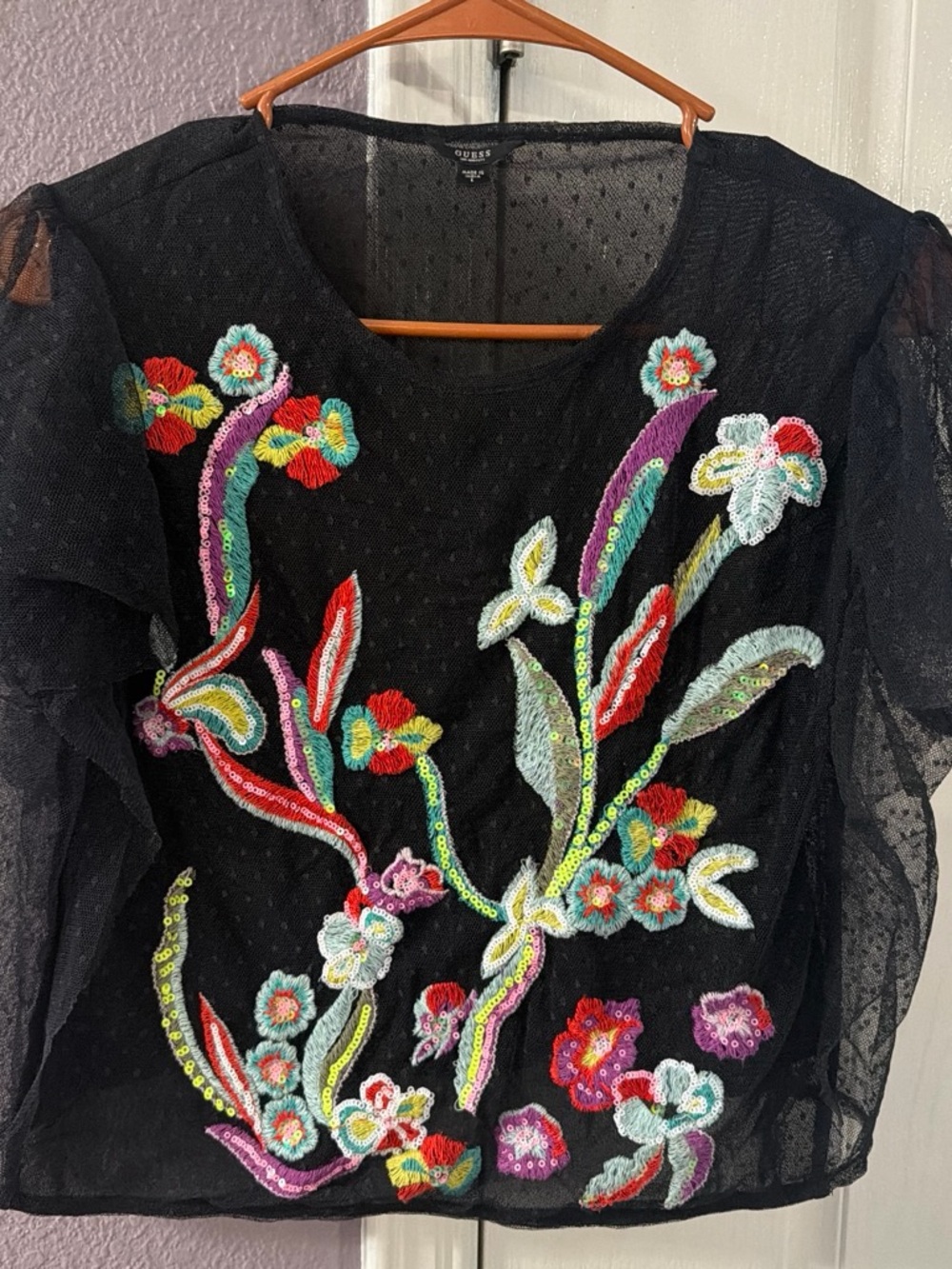 Guess Black Sheer Blouse with Multicolor Floral Embroidery